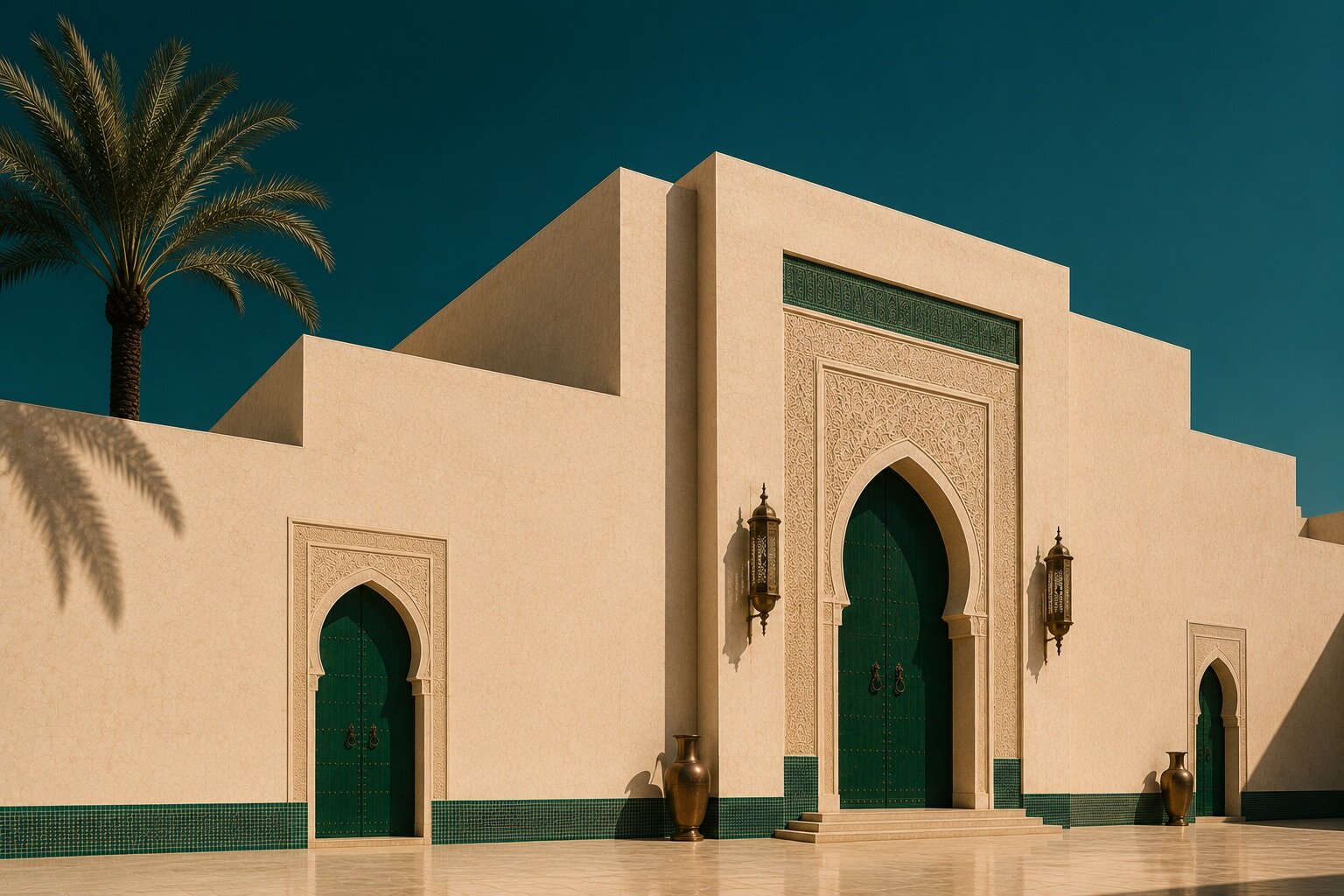 Minimalist Moroccan architecture with three monumental green doors and a palm under a blue-green sky.