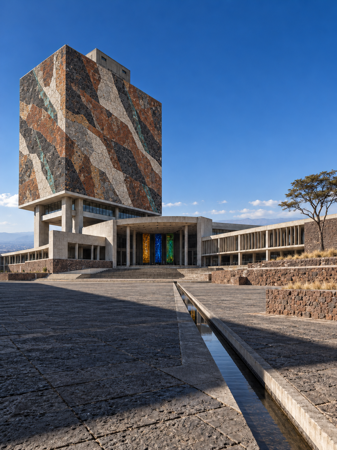 A Brutalist assembly on a volcanic plateau, dominated by a tower clad in an abstract geological mosaic of stone, rust and green tones.
