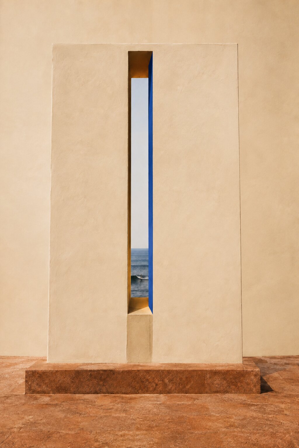 Monolithe ivoire minimal, fente verticale sur l’Atlantique, ombre cobalt et base terracotta.
