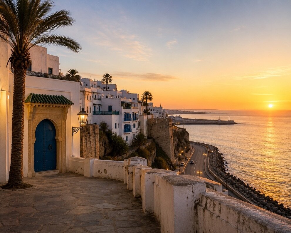 Corniche de Tanger au coucher du soleil, porte bleue et palmiers au premier plan, la ville blanche descend vers le détroit doré